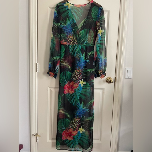 The Sang Vibrant Tropical Floral Print Maxi Dress Sheer Lined Skirt Under - Picture 6 of 10